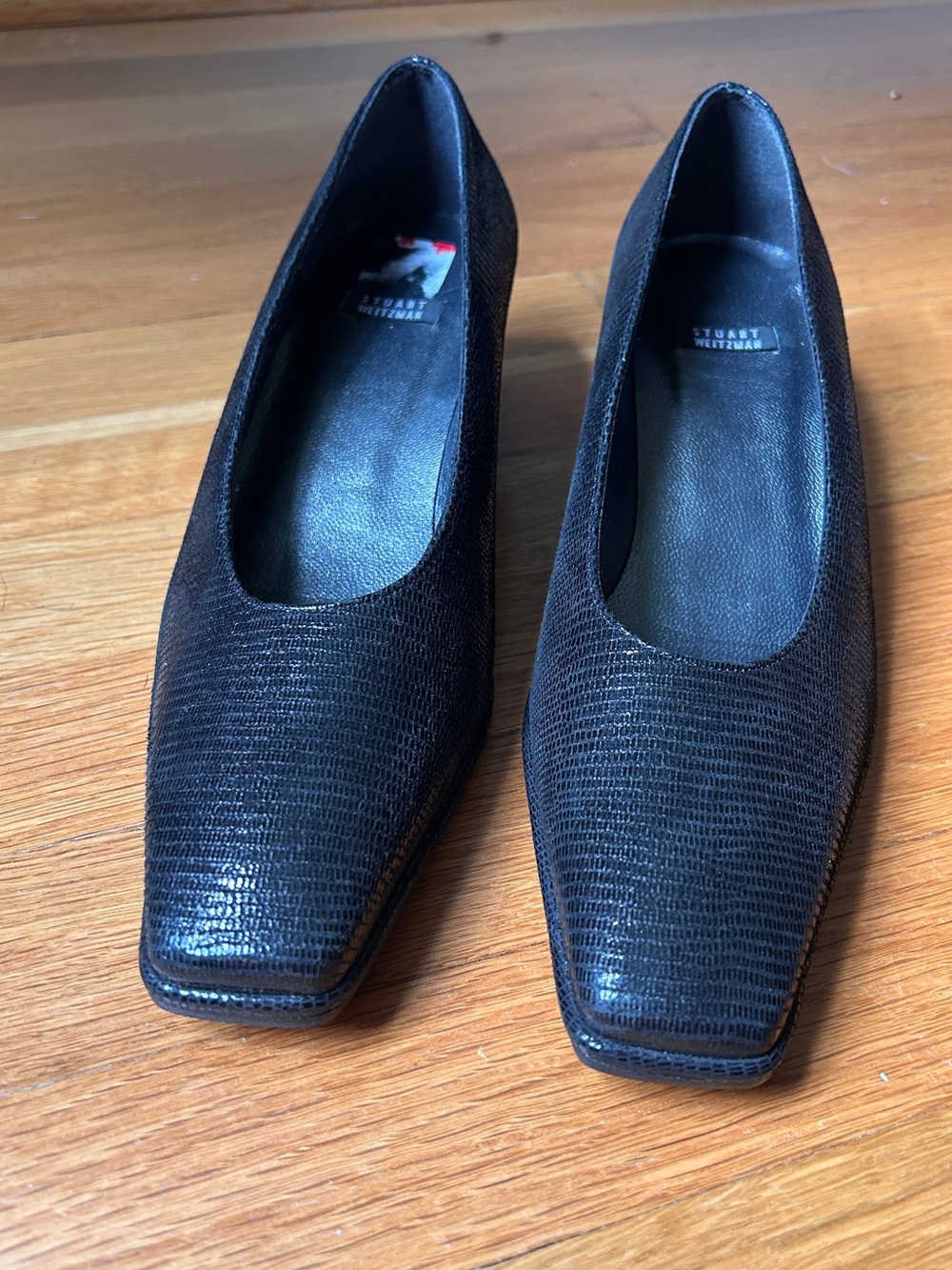 Stuart Weitzman Black Snakeskin-Embossed Square Toe Pumps — Size 8B